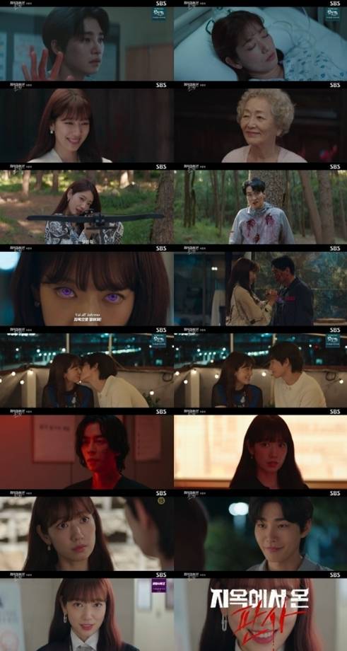 SBS 금토드라마 ‘지옥에서 온 판사’는 판타지와 현실을 절묘하게 결합한 설정과 통쾌한 복수로 큰 사랑을 받으며 최종회를 화려하게 마무리했다. 11월 2일 방영된 마지막 회에서는 강빛나(박신혜 분)가 인간의 몸으로 돌아와 정태규를 포함한 죄인들을 ‘눈눈이이’ 방식으로 처단하며 짜릿한 카타르시스를 선사했다. 강빛나가 악마와 협력해 지옥 법정에서 악인들을 심판하는 장면이 큰 인기를 끌었으며, 죽음에서 돌아와 연인 한다온(김재영 분)과 재회하면서 정의에 대해 고민하는 모습이 그려졌다. 지옥에서 온 판사'가 몇부작으로 막을 내릴지 관심을 모았고 총 14회로 막을 내렸다. 마지막에 등장한 바엘과 루시퍼의 제안으로 열린 결말이 암시되어 시청자들에게 긴 여운을 남겼다. 시청률 11.9%를 기록하며 동시간대 1위를 차지한 ‘지옥에서 온 판사’는 강빛나의 처절한 복수를 통해 법과 정의의 의미를 다시금 생각하게 하는 작품으로 평가받았다.&nbsp;