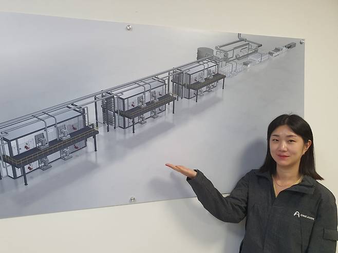 백지혜 대리가 2차전지 열처리 제품 포스터를 보여주고 있다. 수원=윤현주 기자