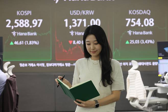 An electronic board at a dealing room of the Hana Bank headquarters in Seoul shows the Kospi ending at 2,588.97 points, up 1.83 percent from the previous trading day on Monday. (Yonhap)