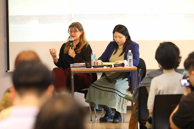 Asa Bergman (left), head of office at the Astrid Lindgren Memorial Award, speaks during a talk on children's literature at Arko Art Center in Seoul on Thursday. (Arts Council Korea)