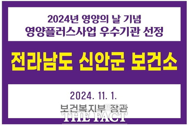 전남 신안군이 보건복지부가 주관한 2024년 영양의 날 기념 영양플러스사업 평가에서 우수기관에 선정됐다. 신안군은 평가에서 취약계층 임산부와 영유아의 영양개선을 위해 현장 중심의 맞춤형 지원을 지속적으로 강화해 왔다는 평을 받았다./신안군