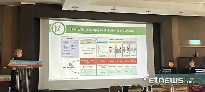 멜라니 데이비스 영국 레스터대학 교수가 엔블로의 다파글리플로진 대비 경증 신기능 환자 대상 혈당강하효과를 소개하고 있다.