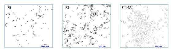 종류별 미세플라스틱 모습. 순서대로 PE(폴리에틸렌), PS(폴리스티렌), PMMA(폴리메틸메타크릴레이트) 입자. 사진 국립환경과학원