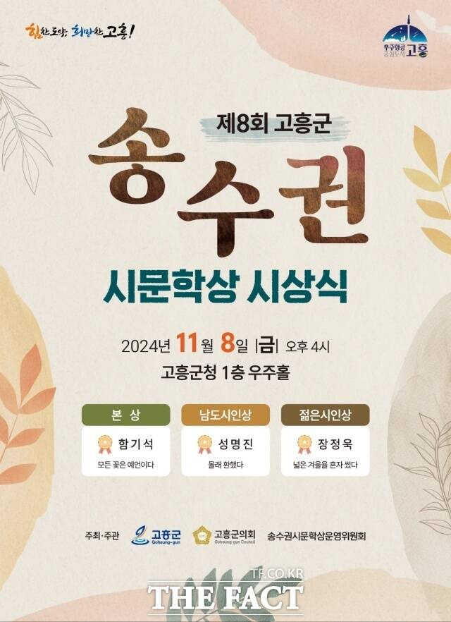 고흥군은 ‘제8회 고흥군 송수권 시문학상’의 본상, 올해의 남도 시인상, 올해의 젊은 시인상 수상작을 선정했다./고흥군