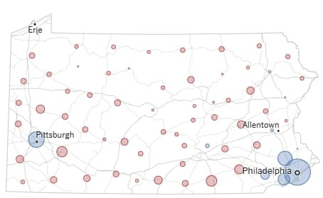 2024년 11월 5일 미 대선 펜실베이니아 득표 현황. 피츠버그와 필라델피아 등 도시만 민주당의 해리스(파란색)에 다수 투표를 하고 나머지 지역은 대부분 트럼프(빨간색)를 찍었다. /NYT