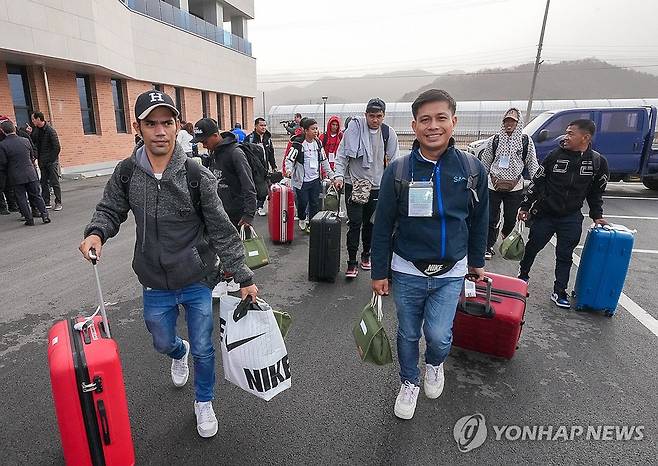 양구군 찾은 필리핀 계절근로자 지난 3월 29일 강원 양구군 친환경농업연구센터에 열린 2024년 외국인 계절근로자 농가 배정 및 교육에서 필리핀 근로자들이 발걸음을 옮기고 있다. 2024.11.07
※ 사진의 근로자들은 기사 내용과 직접적인 관련이 없음 
[양구군 제공.재판매 및 DB 금지] yangdoo@yna.co.kr