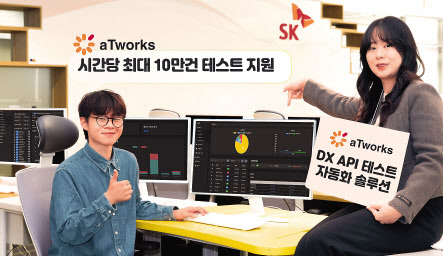 SK C&C 직원들이 ‘에이티웍스 2.0’을 소개하고 있다. [SK C&C 제공]