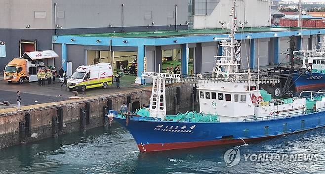 제주 해상서 어선 침몰 (제주=연합뉴스) 박지호 기자 = 8일 오전 제주 비양도 북서쪽 약 24㎞ 해상에서 부산 선적 선망 어선 제135 금성호(129t)호가 침몰했다.
    이날 오전 선단을 이뤄 조업했을 것으로 추정되는 다른 금성호들이 구조된 선원들이 이송된 제주시 한림읍 한림항에 정박하고 있다. 2024.11.8 jihopark@yna.co.kr