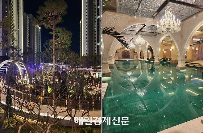 단지 내 식재된 나무들과 커뮤니티시설 내 수영장 모습 [조성신 기자]