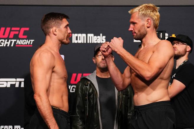 UFC 파이트나이트에서 맞붙는 레이니어 더 리더(오른쪽)와 제럴드 머샤트가 서로 신경전을 벌이고 있다. 사진= UFC