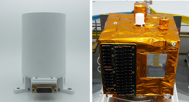 한국원자력연구원이 개발한 우주용 원자력전지(왼쪽)는 누리호 성능검증위성(오른쪽)에 탑재됐다. 원자력연 제공