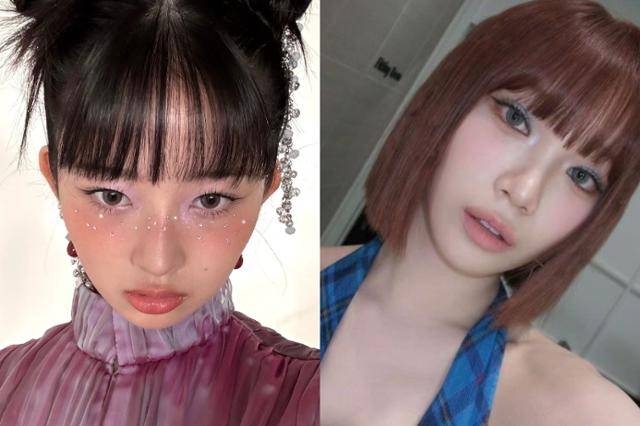 그룹 아이브 레이(왼쪽)과 르세라핌 김채원의 메탈릭 섀도우 활용 메이크업. 레이 김채원 SNS