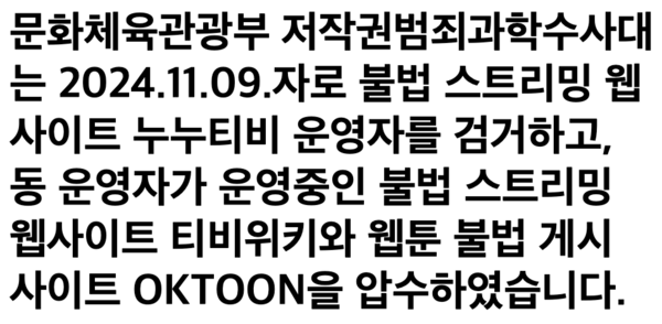 ▲불법 스트리밍 사이트인 누누티비 운영자가 운영하던 사이트들에 접속하면 이 같은 안내 문구가 뜬다.