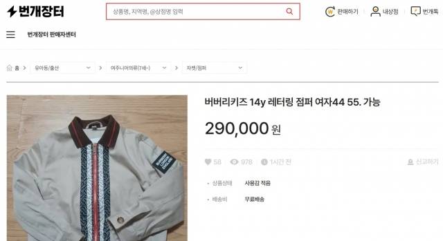 중고거래 플랫폼 번개장터에서 판매 중인 버버리키즈 점퍼. 번개장터 캡쳐