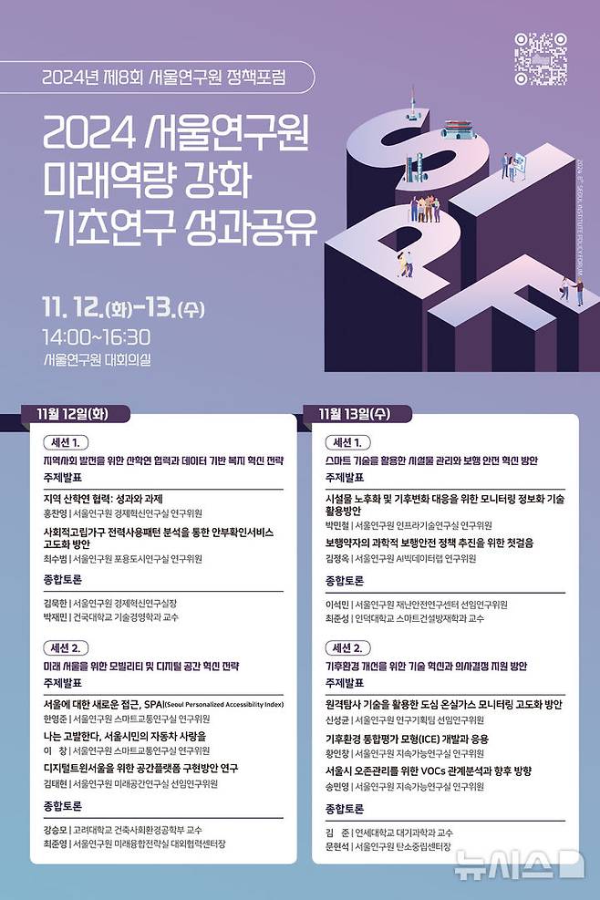 [서울=뉴시스]서울연구원은 12~13일 서울연구원 대회의실에서 '2024 서울연구원 미래역량 강화 기초연구 성과공유'를 위한 서울연구원 정책포럼을 개최한다고 11일 밝혔다. (사진=서울시 제공). 2024.11.11. photo@newsis.com