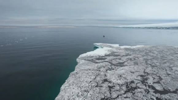 2021년 드론으로 촬영한 메샤체프섬의 모습. 표면에 검은 먼지층이 덮여 있는 것을 볼 수 있으며, 이것이 섬을 더 빨리 녹게 만드는 원인으로 꼽혀왔다