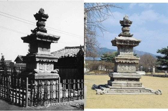 원주 법천사지 지광국사탑이 1911년 원주에서 반출된 직후 모습(왼쪽)과 2016년 보존처리를 위해 해체되기 전 경복궁 내 국립고궁박물관 뜰에 서있던 모습. 사진 국가유산청, 중앙포토