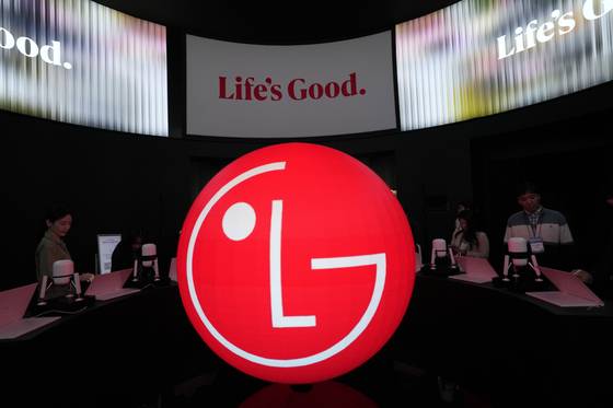 The logo of LG Electronics is seen at its booth during The Semiconductor Exhibition 2024 at the COEX convention center in Seoul on Oct. 23, 2024. [AP/YONHAP]