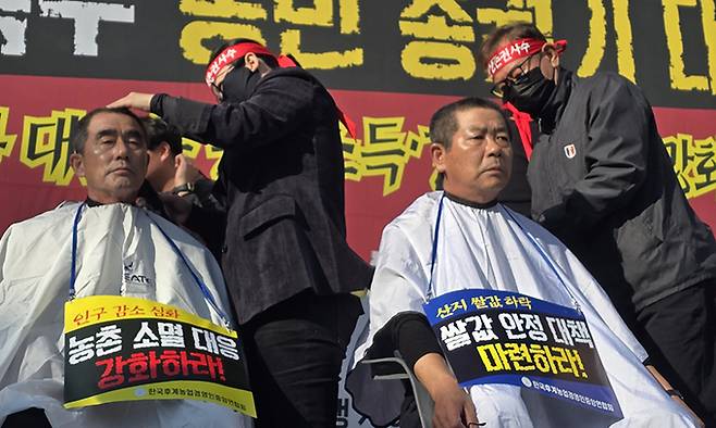 한국후계농업경영인중앙연합회 회원들이 12일 국회 앞 차도에서 '농정 혁신 촉구 농민 총궐기 대회' 중 삭발을 하고 있다.
