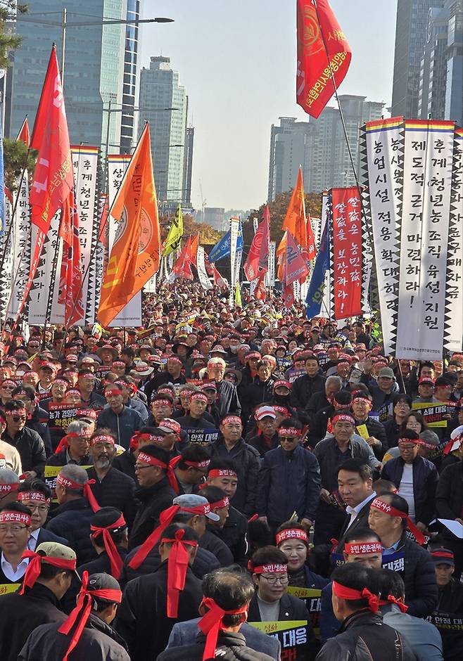 한국후계농업경영인중앙연합회가 12일 국회 앞 차도에서 '농정 혁신 촉구 농민 총궐기 대회'를 하고 있다.