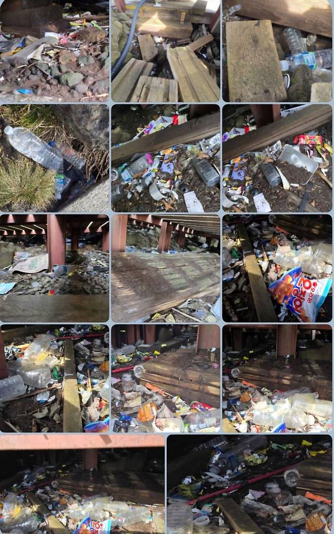 [제주=뉴시스] 한라산 정상 주변 데크에 쓰레기가 쌓인 모습. (사진=양영수 제주도의원 제공) 2024.11.13. photo@newsis.com  *재판매 및 DB 금지