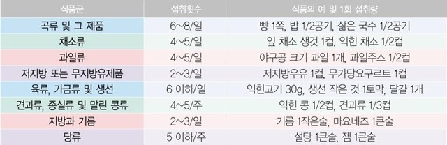 대시식단 구성표ㅣ출처: 보건복지부 '질환관리를 위한 바른식생활 가이드'