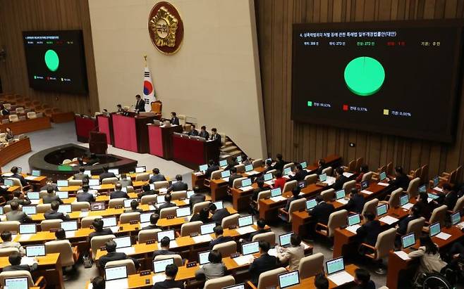 14일 국회 본회의에서 성폭력범죄의 처벌 등에 관한 특례법 일부개정법률안이 통과되고 있다. 연합뉴스