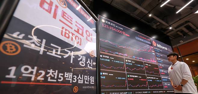 비트코인이 사상 최초로 9만달러(1억 2670만원)을 돌파한 13일 서울 서초구 빗썸라운지 시황판에 비트코인을 비롯한 암호화폐 시세가 표시되고 있다. /뉴스1