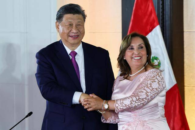 시진핑(왼쪽) 중국 국가주석과 디나 볼루아르테 페루 대통령이 아시아태평양경제협력체(APEC) 정상회의가 열리는 페루 리마에서 만나 악수하고 있다. 리마=로이터 연합뉴스