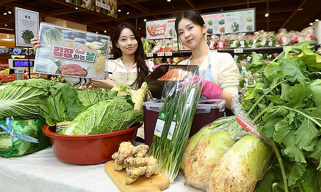 15일 오전 서울 용산구 이마트 용산점에서 모델들이 김장대전 홍보를 하고 있다.