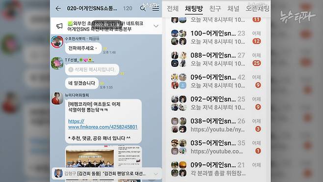 &nbsp;어게인SNS소통위원회가 운영한 단톡방 리스트(우). 위원회 책임자가 게시물을 '전파해달라'고 말하는 모습(좌).                      ※ 익명 제보자 제공