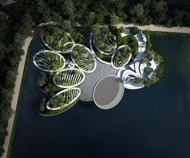 '2024 수성국제비엔날레' 공모사업 중 하나인 '수성못 수상공연장 및 수성브리지 조성사업'에서 선정된 수상공연장 설계안. 수성못 북서쪽에 90x130m 규모로 들어선다. 대구 수성구 제공