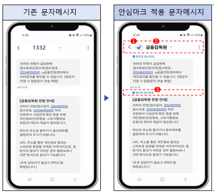 공공기관 안심마크 적용 문자메시지 화면 예시. 금감원 제공