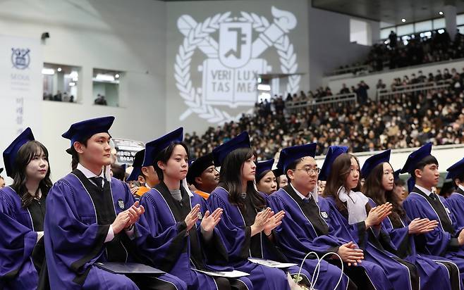 Seoul National University graduates attend their graduation ceremony in Feburary last year. The university came first in The JoongAng University Rankings 2024 released on Tuesday. [NEWS1]