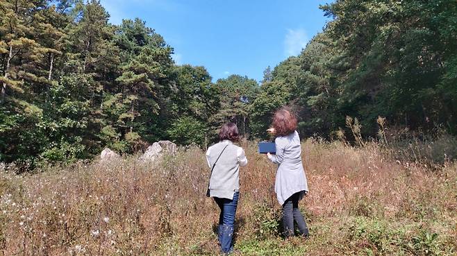 산길을 개척해 20여분 오르자 도착한 경작지 구역. 그러나 어디가 산이고 어디가 경작지인지 모를 만큼 잡풀만 무성한 경작지 등록 신청 구역을 조사원 2명이 살펴보고 있다./사진=농관원 제공