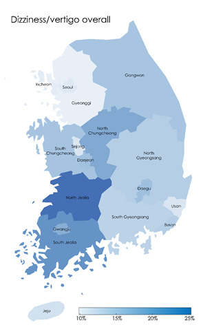 어지럼증은 서울, 경기, 인천, 부산 등 대도시 지역에서 발생 비율이 낮고(연한 하늘색), 지방에서는 비교적 높게(짙은 파란색) 나타났다./사진=분당서울대병원