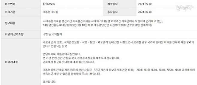 대통령실은 비공개 근거조항으로 ‘국방 등 국익침해’를 들었다.&nbsp;