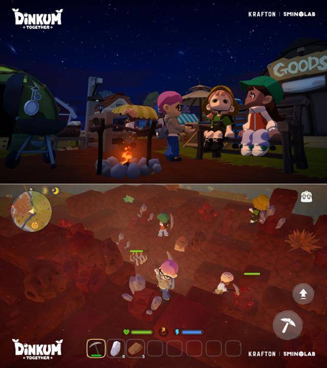 크래프톤이 '지스타 2024'에서 시연한 '딩컴 투게더'는 '동물의 숲'에 가까운 아기자기한 게임이지만(위 사진) 생존 생활 시뮬레이션 요소도 갖췄다(아래 사진). 크래프톤 제공