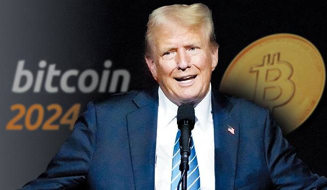 도널드 트럼프 미국 전 대통령이 7월 27일 미 테네시주 내슈빌에서 열린 '비트코인 2024 콘퍼런스'에서 연설하고 있다./AP 연합뉴스