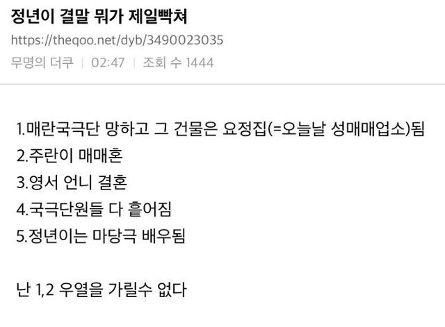 지난 17일 드라마 '정년이'의 마지막 방송 이후, 한 인터넷 커뮤니티에 정리된 마지막 회 내용. 드라마 관련 게시판, 엑스(X) 등을 중심으로 정년이의 결말에 대한 원성이 빗발쳤다. 인터넷 커뮤니티 캡처