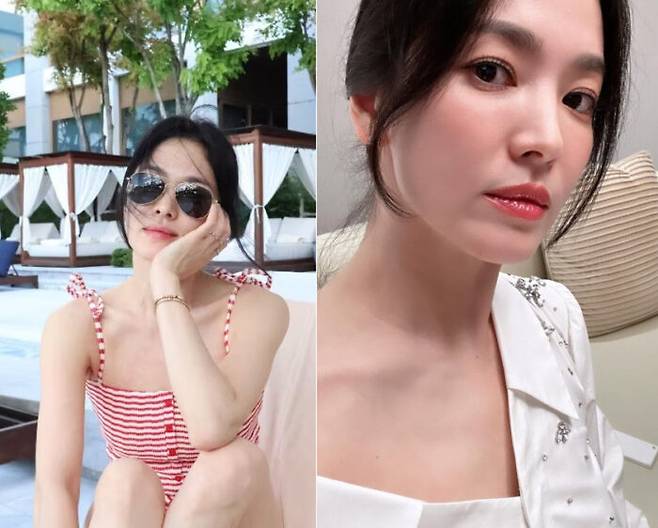 배우 송혜교가 수영복 자태를 뽐냈다. 앞서 송혜교는 몸매와 건강 관리를 위해 저염식과 소식을 실천하고 꾸준히 운동을 한다고 밝혔다. [사진=송혜교 인스타그램]