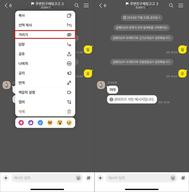 방장, 부방장은 ‘메시지 가리기’를 할 수 있다 / 출처=IT동아
