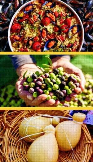 풀리아식 홍합밥 파타테 에 코체(위부터), 풀리아주에서 수확한 올리브, 벽에 매달아 숙성하는 카치오카발로 치즈. Getty Images Bank