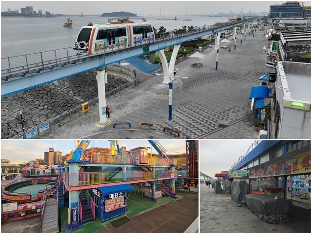 20일 오후 인천 중구 월미 문화의거리에 놀이기구는 멈춰 서고, 상가들은 문을 닫은채 썰렁하기만 하다. 조병석기자