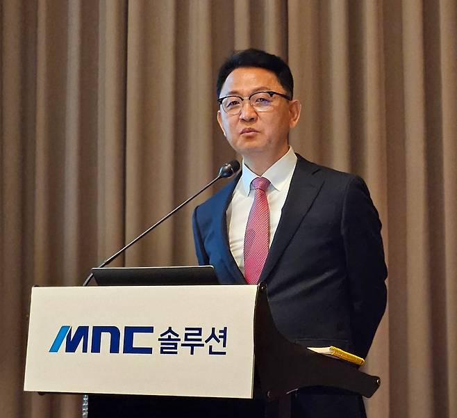 김병근 MNC솔루션 대표가 29일 서울 여의도에서 열린 IPO 간담회에서 회사 소개를 하고 있다. / 정재훤 기자