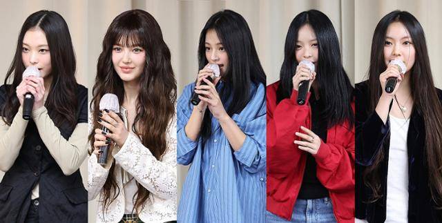 지난 28일 서울 강남구 스페이스쉐어 삼성역센터에서 긴급 기자회견에 나선 뉴진스의 다섯 멤버. 왼쪽부터 해린, 다니엘, 민지, 하니, 혜인. 사진공동취재단