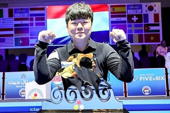 2024 샤름엘셰이크3쿠션월드컵에는 조명우 김준태 허정한 김행직 등 한국선수 11명이 참가한다. 사진은 2022년 샤름엘셰이크대회에서 개인 통산 첫 3쿠션월드컵 정상에 오른 조명우. (사진=SOOP)