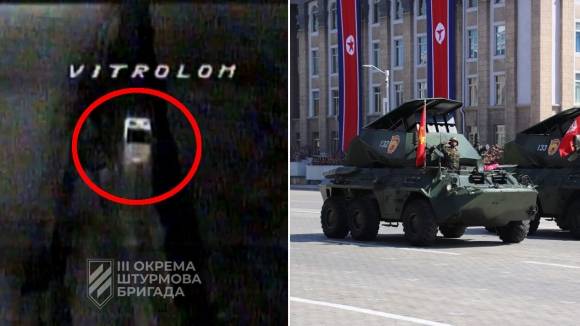 최근 우크라이나 북동부 하르키우 전선에서 우크라이나군 드론에 촬영된 불새-4(왼쪽). 2018년 9월 9일 북한에서 공개된 불새-4. / 출처=우크라이나 제3독립강습여단 텔레그램, 유로마이단 프레스