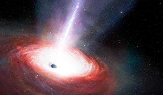 강력한 가스를 내뿜는 블랙홀 일러스트. NASA는 찬드라 X-선 우주망원경(CXO)과 제임스웹 우주망원경(JWST)의 적외선 자료를 활용해 빅뱅 이후 약 15억 년이 지난 시점에서 초거대 블랙홀을 발견했다. 이 블랙홀은 이론적 한계치를 40배 이상 초과하는 속도로 물질을 흡수했다. 로이터=연합뉴스