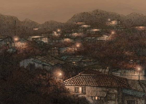 정영주, '산동네'. 산동네 가을1031', 73x53cm, 캔버스위에 종이, 아크릴릭, 2023. [사진 Almine Rech]